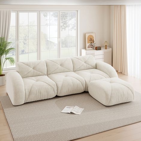 Canapé modulaire angle blanc, fauteuil en L 3 places avec repose-pieds, base antidérapante, prêt à l’emploi, ensemble salon sans montage.