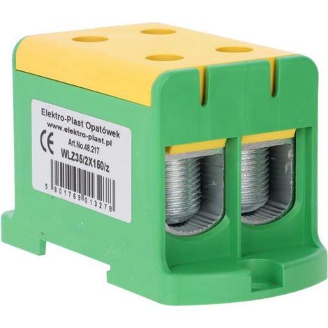 Bloque de distribuci贸n de 2x1 polo AL/CU 35-150mm2 amarillo-verde para montaje plano y en riel WLZ35/2x150/z 48.217