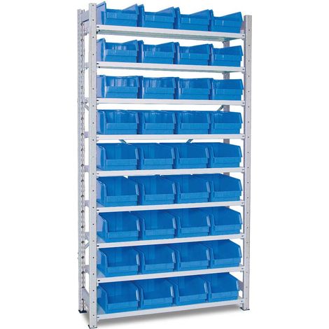 BRB Kleinteileregal mit 9 Böden HxBxT 2x1070x315 mm, bestückt mit 36 Sichtkästen LB3, LxBxH 350x200x150 mm (Blau) (1/2)
