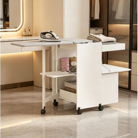 Mueble de planchado plegable con ruedas, tabla 99x41 cm, puertas de cierre suave, blanco HAVRYA