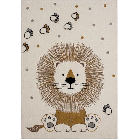 Tapis enfant tissé 60x110 crème rectangle motif animaux – Poils ras – Anti-acarien – Certifié OEKO-TEX® – Hydrofuge et insensible aux UV – Dezenco