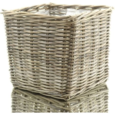 Van der Leeden – Cache-pot carré en rotin gris avec doublure plastique – 33 x 33 x 30 cm, 24,5 L (1/4)
