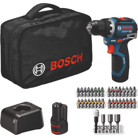 Trapano avvitatore a batteria Bosch GSR 12V-32, 2x 2,0 Ah e caricabatterie + 36 accessori in borsa portautensili
