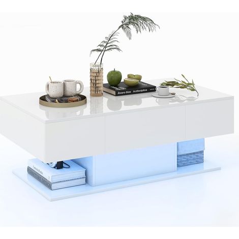 COSTWAY Mesa de Centro con LED Moderna, Decorativa de 2 Niveles con 20 Luces LED de Colores y 2 Cajones de Almacenamiento, Mesa Central Rectangular para Sala de Estar con Acabado Brillante (Blanco) (1/5)