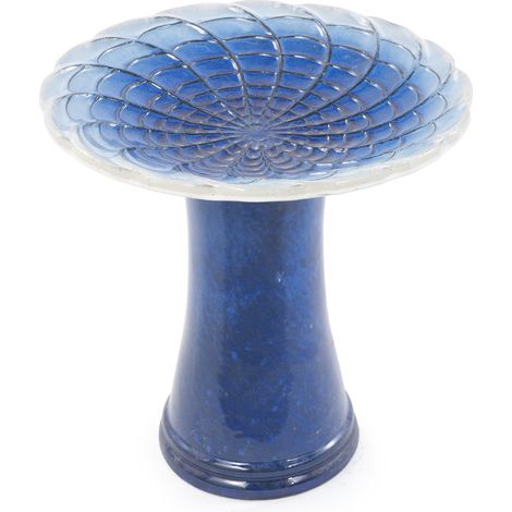 CHICFURN Bain d'oiseaux en céramique sur pied bleu, vasque Ø 43 cm, hauteur 45 cm, abreuvoir pour oiseaux extérieur résistant au gel pour jardin terrasse balcon (1/5)