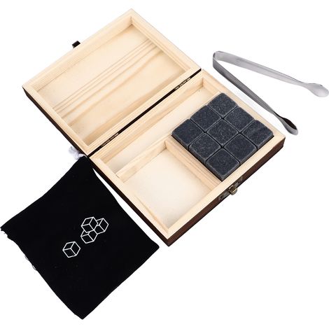 Whiskywürfel aus Granit, Whisky-Kühlsteine, würfelförmiges Whisky-Stein-Set, schnelltrocknend und wiederverwendbar, mit Kiefernholzbox (1/5)
