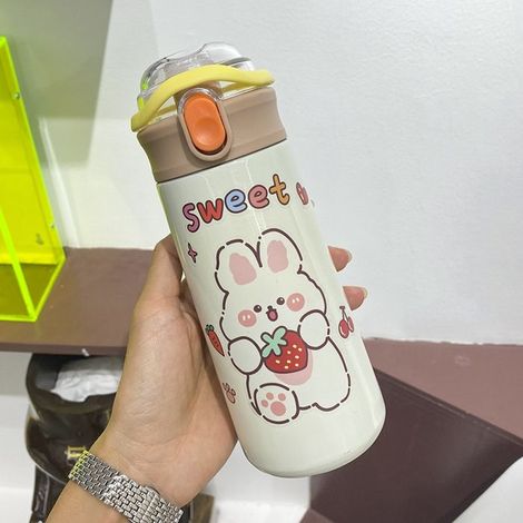 Gourde Bouteille d'Eau Thermos Portable avec Paille pour Enfant, Tasse Thermique en Acier Inoxydable,Beige 480ml