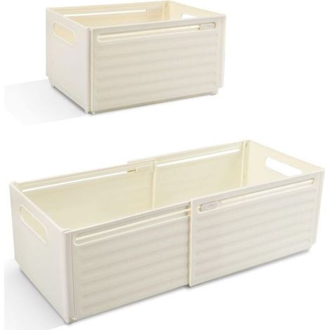 Set of 2 Box of Storage Plastic Extendable with Handle, Caisse Tray Eangement Foldable Kitchen, Room, bathroom, Desk (White Broken) (1/4)