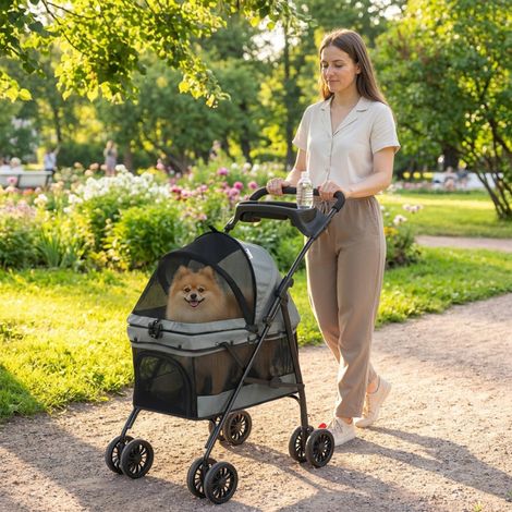 Poussette pliable pour chien, 4 roues en EVA, fenêtre en filet, laisse de sécurité, coussin amovible, 73 x 50 x 96 cm, grise