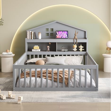 Lit enfant 140x200 cabane avec rangements gris HAVRYA (1/5)