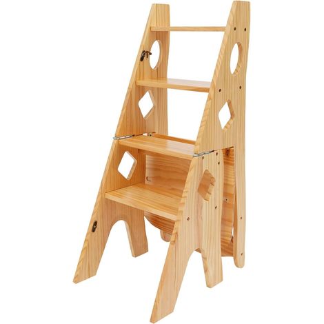 Marchepied pliable en bois à 4 marches - Escabeau convertible et chaise d'escalier - Multifonction - Charge maximale : 100 kg - Pour l'intérieur et l'extérieur - Couleur bois