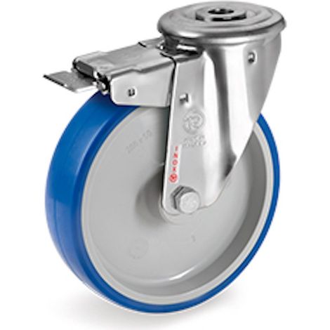 Roulette à oeil INOX pivotante à frein diamètre 100 mm roue polyuréthane BLEU-SOFT® - 120 Kg (1/2)