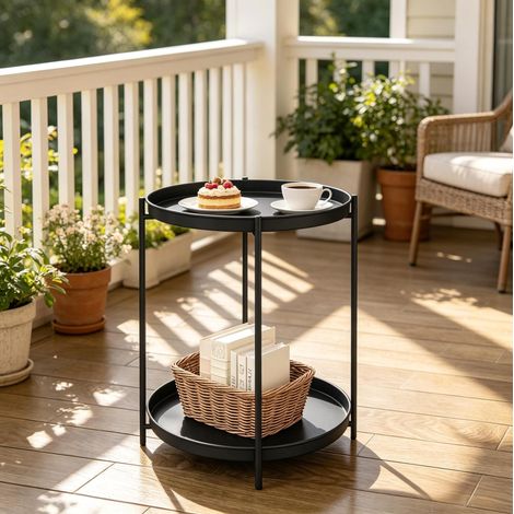 Runder Metall-Couchtisch 44 x 44 x 53 cm mit 2 Ablagen, schwarz HAVRYA (1/5)
