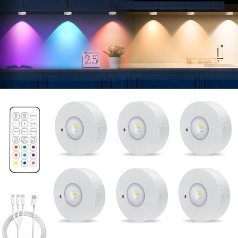 Iluminación para armarios MERTTURM, LED magnético recargable inalámbrico, 3 temperaturas de color + 9 luces LED RGB para vitrina, lámpara regulable para armario, vitrina, cocina [6 piezas]