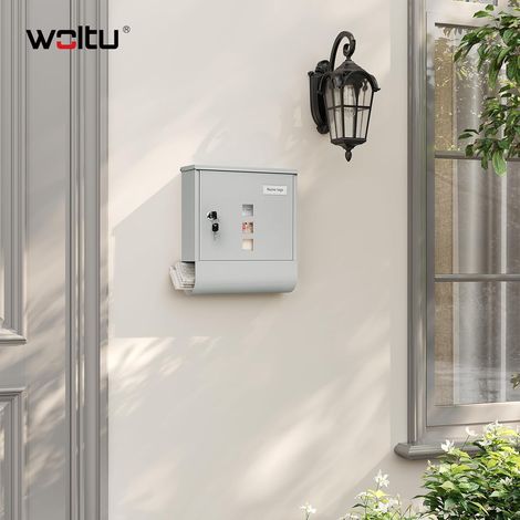 WOLTU Buzón exterior con 3 ventanas transparentes, 2 llaves y cerradura, gris