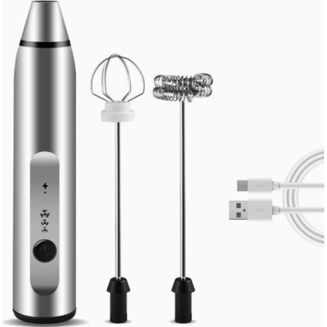 Mousseur à lait électrique avec double fouet, machine à mousse électrique rechargeable par USB, mousseur à lait portatif 2 en 1 à piles pour café, latte, cappuccino, fouetter les œufs (argent) (1/5)