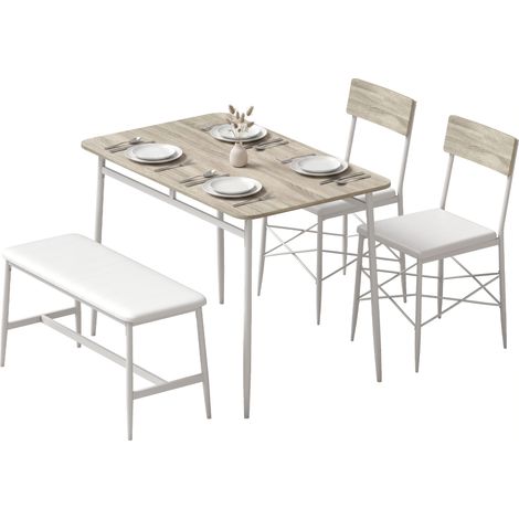 Ensemble Table Salle à Manger avec 2 Chaises et Banc, Assises Rembourrées, pour Salon, Petit Espace, Chêne et Blanc (1/4)