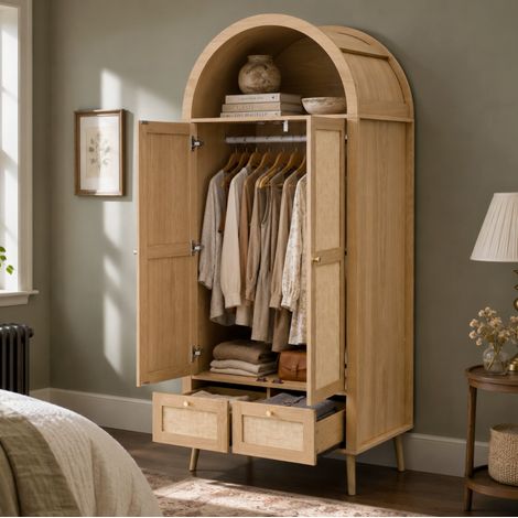 Armoire 2 portes, 2 tiroirs et penderie chêne/beige OKMYHOME (1/5)