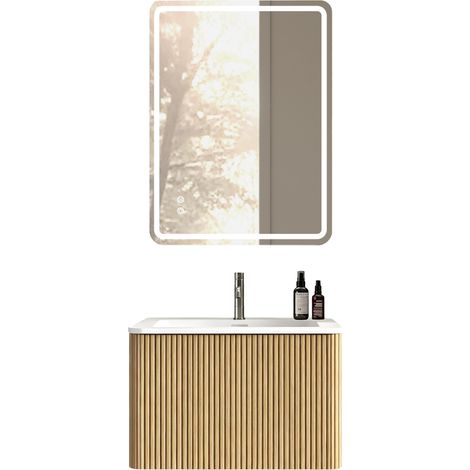 Set mobile bagno sospeso 60 cm con lavabo integrato e specchio LED 60x80 cm, rovere (1/4)