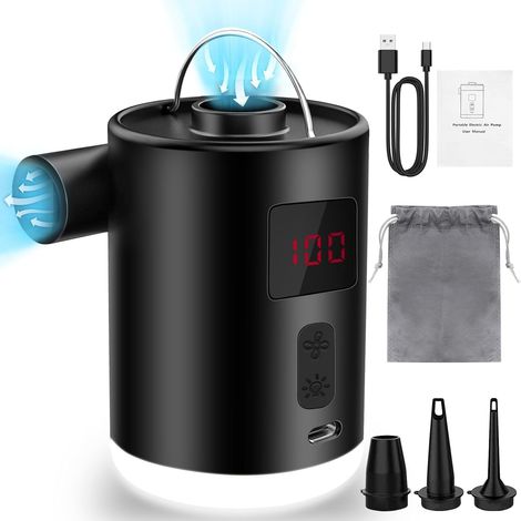 Pompe à air électrique, batterie rechargeable 4000 mAh avec 3 embouts, pompe à air électrique portable avec source lumineuse, peut être suspendue, convient aux bateaux pneumatiques et aux piscines. (1/5)