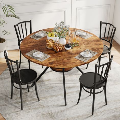 Table à Manger Ronde Industrielle 120 cm, Table de Repas Vintage Effet Bois Marron Rustique et Métal Noir avec Étagère de Rangement Basse pour 4 à 6 Personnes (1/5)