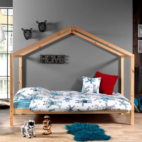 Lit cabane 90x200 avec matelas pin massif clair Kobi (1/3)