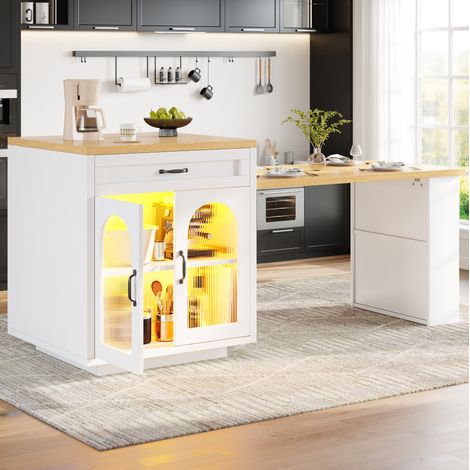 Kücheninsel 126-196x59x94 cm Weiß MDF mit LED-Beleuchtung, ausziehbarer Tischplatte und geriffelten Glastüren (1/5)