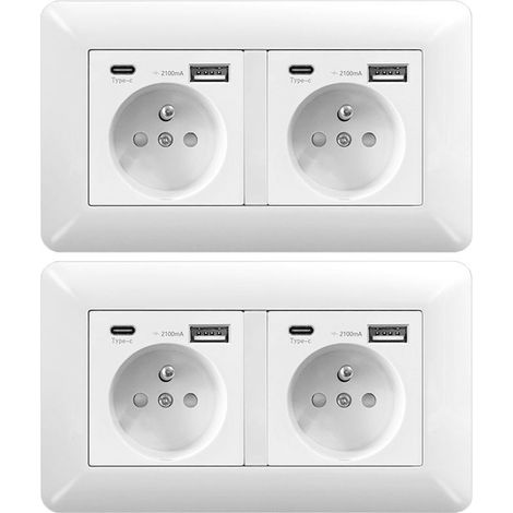 Lot de 2 Prise Électrique Murale – Double Prise 16A avec 2 Ports USB 5V/2,1A pour Maison et Bureau (1/4)
