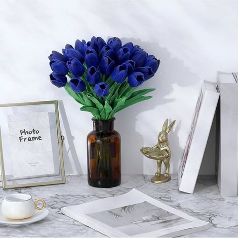 Lot de 15 Tulipes Artificielles Bleu Foncé 35cm, Fleurs en Soie pour Bouquet Mariage, Fête des Mères, Maison (1/5)