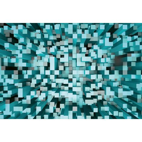 Papier peint panoramique 3D motif géométrique | Tapisserie panoramique salle de bain | Papier peint panoramique turquoise et noir effet profondeur - 384 X 260 cm (8 pièces) (1/2)
