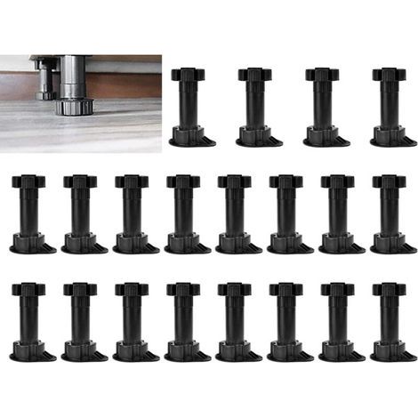 Lot de 20 Pieds de Meubles Réglables, 100-120MM Pieds pour Meuble Noir, Pied de Meuble en Plastique, Pieds de Table Réglable pour Meuble, Armoires, Cuisine, Canapé (1/4)
