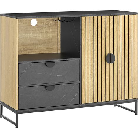 SoBuy mobile cucina salvaspazio, mobiletto cucina – credenza cucina e madia soggiorno con vano microonde Ø6cm, 2 cassetti, anta a lamelle, ripiano regolabile, gambe in metallo, 107×40×85 cm FSB103-N