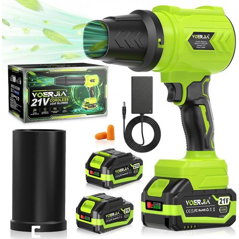 Souffleur à feuilles sans fil 21 V avec 2 batteries de 4000 mAh et chargeur, souffleur léger et nettoyeur de poussière, réglage en continu sur 3 niveaux, double buse pour jardin, terrasse (1/5)