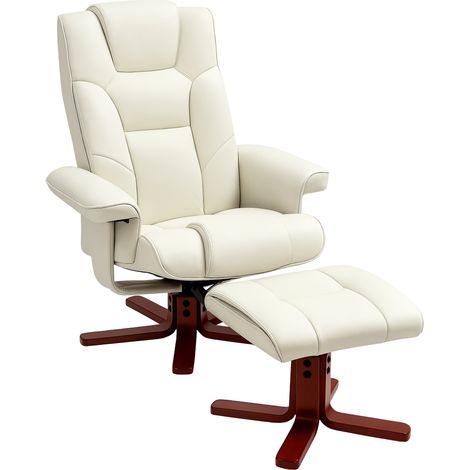 Relaxsessel mit Hocker, Lederoptik, neigbare Lehne, bis 150 kg, Cremeweiß