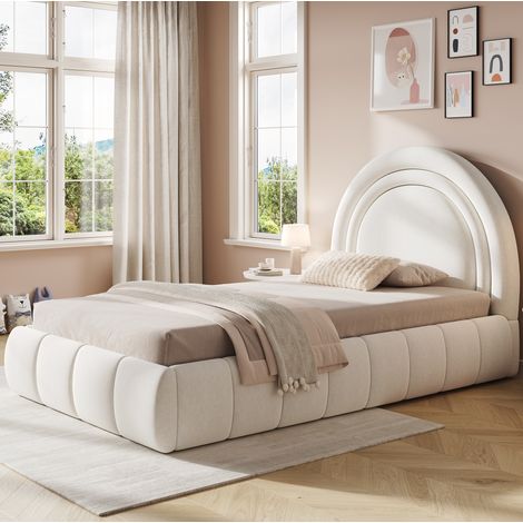 Lit enfant 90 x 200 cm avec rangement hydraulique, sommier, velours beige, REDOM (1/5)
