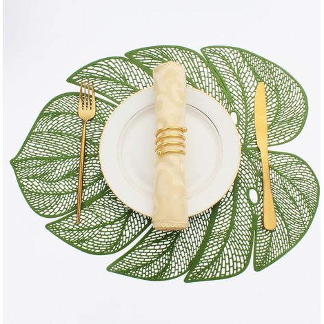 Ensemble de 6 sets de table en vinyle métallisé vert en forme de feuille - Faciles à nettoyer, parfaits pour décorer une table de mariage, d'anniversaire ou de dîner. (1/5)