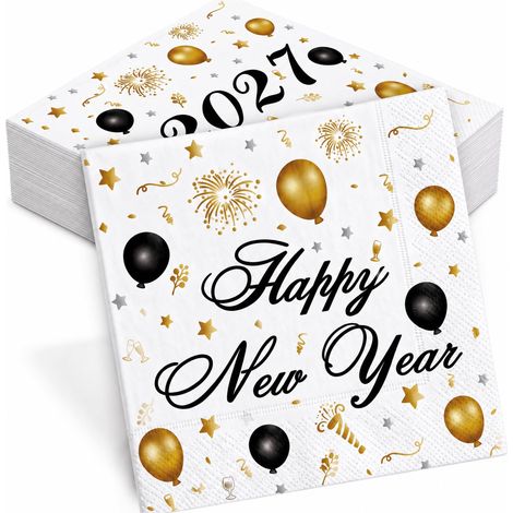 Lot de 50 serviettes de table dorées et noires Happy New Year 2027 - Décoration de table pour Nouvel An - Décoration de fête (1/5)