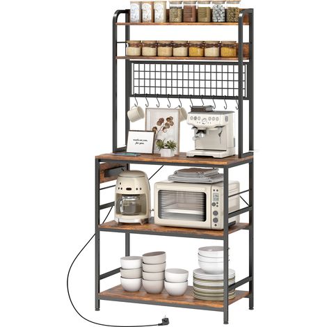 HOMCOM Mobile da Cucina con Stazione di Ricarica, 5 Ripiani e 10 Ganci Marrone