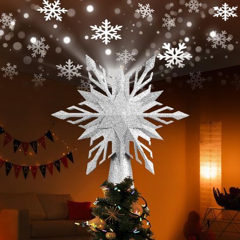 Étoile de sapin de Noël lumineuse avec projection de flocon de neige LED, étoile de sapin de Noël avec projecteur LED rotatif 3D intégré, décoration de Noël pour l'intérieur, la maison, le bureau (arg (1/5)