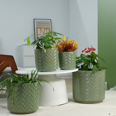Blumentopf aus Keramik Ø31,5 cm glänzend salbeigrün mit Drainage für Kräuter – MEUBLIV (1/5)