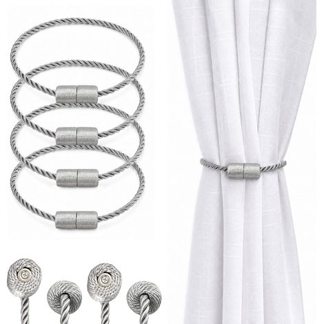 Attache Rideau sans Percage, 4 Pièces Embrasse Rideau Magnétique Argent Gris – Embrasse pour Rideaux pour Salon, Chambre, Bureau (52cm) (1/5)