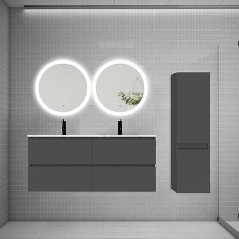 Ensemble meuble double vasque L.120cm 4 tiroirs + lavabo + 2LED miroirs rond 60cm + colonne B,anthracite,aica