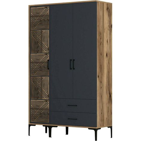 Dmora - Guardaroba 3 ante Awty, Mobile camera da letto, Cabina armadio portabiti, Armadio appendiabiti, 120x48h201 cm, Noce e Antracite