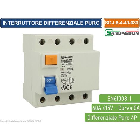 SANDASDON INTERRUTTORE MAGNETOTERMICO DIFFERENZIALE PURO SALVAVITA PER BARRA DIN 4 MODULI 4P C40 415V 30mA 6KA (1/2)