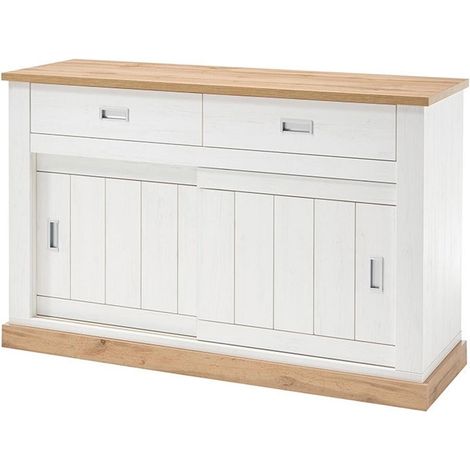 Credenza Madia Mobile Soggiorno Con 2 Cassetti E 2 Ante Scorrevoli 4 Ripiani Interni Design Minimal Shabby Chic Sala Da Pranzo Zona Living 150 x 50 x 95.5 Cm Bianco E Rovere (1/5)
