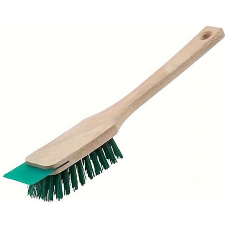 Applicable Brosse pour tondeuse à gazon avec grattoir - Poils robustes en plastique et long manche en bois - Vert - Brosse pour outils de jardin - Balayette à main pour le nettoyage de la tondeuse à g (1/4)