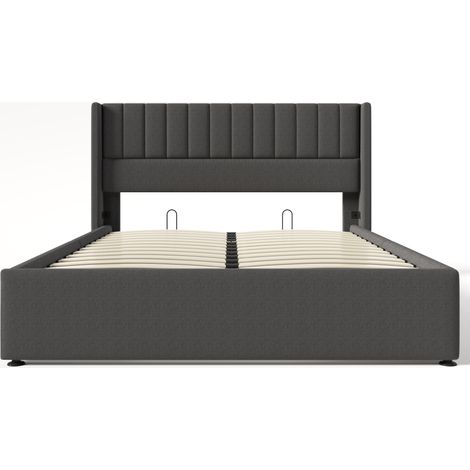 Letto contenitore 180x200 cm in lino grigio con struttura in metallo e rete in legno MODENUIT (1/5)