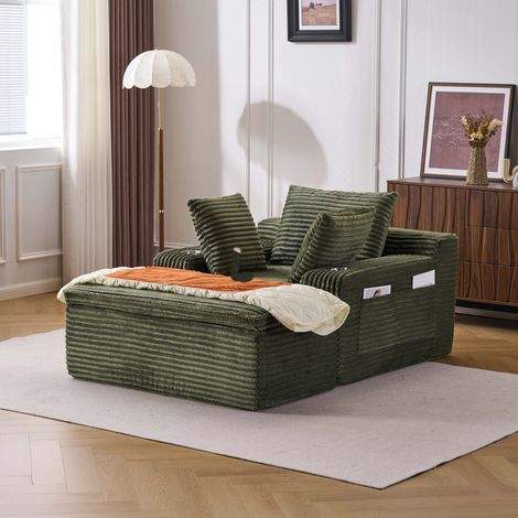Canapé-lit en velours côtelé avec fonction couchage – Canapé relax modulaire pour salon, petit canapé moderne multifonction avec porte-gobelets et coussins