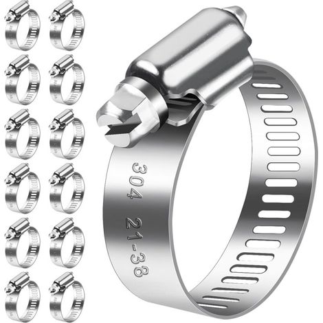 Lot de 12 colliers de serrage 21-38 mm en acier inoxydable 304 - Colliers de serrage réglables pour tuyau de piscine, tuyau de gaz de maison, tuyau d'arrosage (1/5)