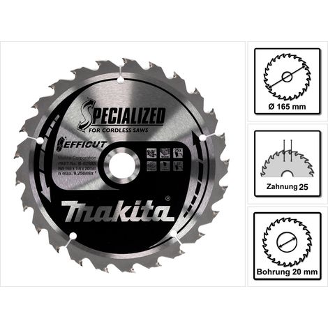 Makita – Lame de scie circulaire EFFICUT 165mm – 25 dents pour bois dur – Diamètre alésage 20mm – Coupe nette et précise